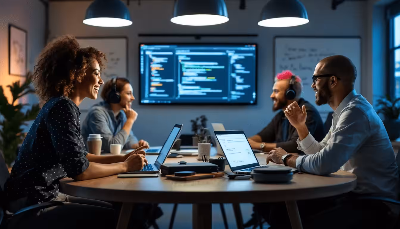 A diverse team of backend developers collaborating on a project.