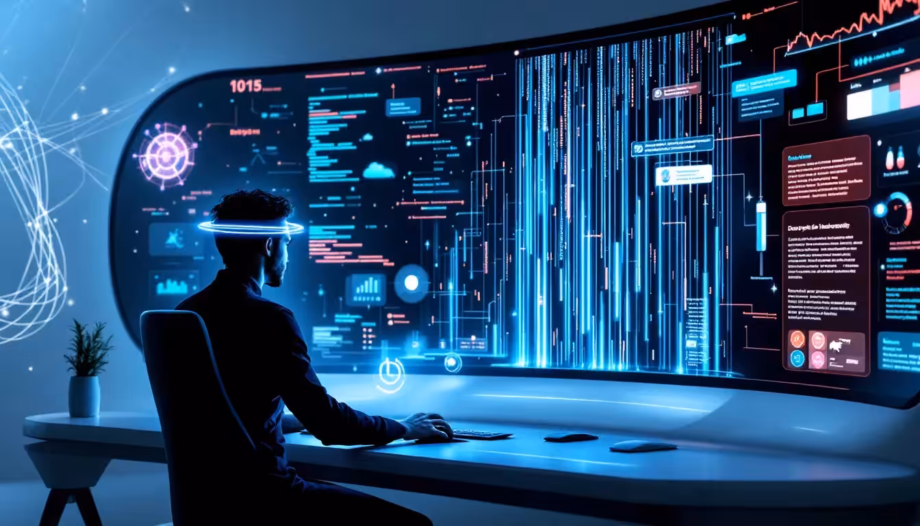 A software engineer analyzing data on a computer screen.