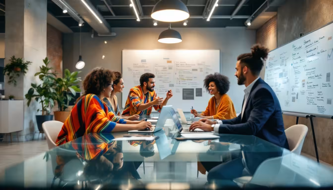 A diverse group of LatAm developers collaborating on a software project.