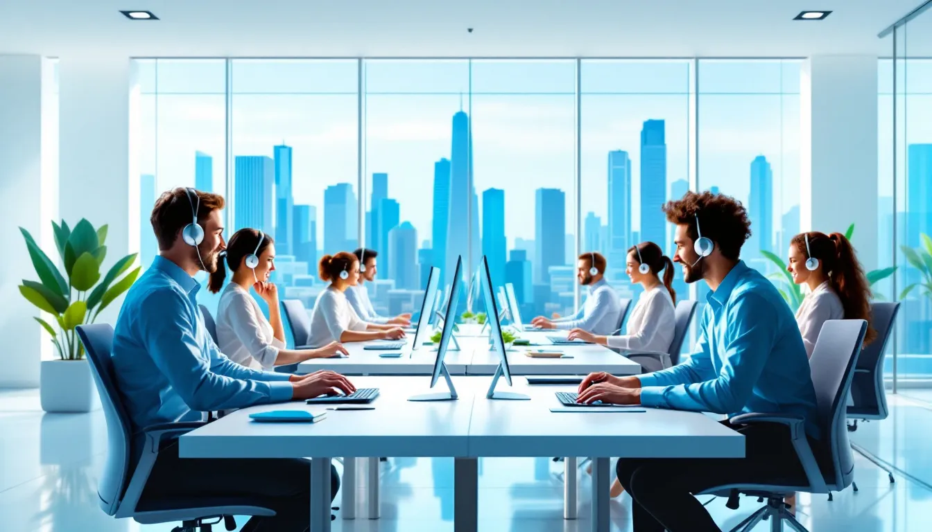 An overview of a nearshore contact center environment with agents at work.